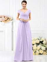 V-Neck Elegant Pleats Short Sleeves Long Chiffon Bridesmaid Dresses-Ballbella