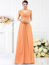V-Neck Elegant Pleats Short Sleeves Long Chiffon Bridesmaid Dresses-Ballbella