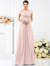 V-Neck Elegant Pleats Short Sleeves Long Chiffon Bridesmaid Dresses-Ballbella