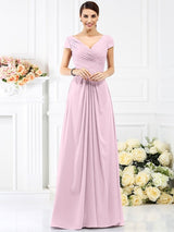 V-Neck Elegant Pleats Short Sleeves Long Chiffon Bridesmaid Dresses-Ballbella