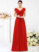 V-Neck Elegant Pleats Short Sleeves Long Chiffon Bridesmaid Dresses-Ballbella