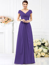 V-Neck Elegant Pleats Short Sleeves Long Chiffon Bridesmaid Dresses-Ballbella