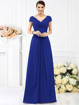 V-Neck Elegant Pleats Short Sleeves Long Chiffon Bridesmaid Dresses-Ballbella