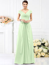 V-Neck Elegant Pleats Short Sleeves Long Chiffon Bridesmaid Dresses-Ballbella