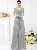 V-Neck Elegant Pleats Short Sleeves Long Chiffon Bridesmaid Dresses-Ballbella