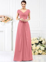 V-Neck Elegant Pleats Short Sleeves Long Chiffon Bridesmaid Dresses-Ballbella