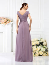 V-Neck Elegant Pleats Short Sleeves Long Chiffon Bridesmaid Dresses-Ballbella