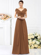 V-Neck Elegant Pleats Short Sleeves Long Chiffon Bridesmaid Dresses-Ballbella