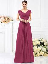 V-Neck Elegant Pleats Short Sleeves Long Chiffon Bridesmaid Dresses-Ballbella