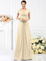 V-Neck Elegant Pleats Short Sleeves Long Chiffon Bridesmaid Dresses-Ballbella