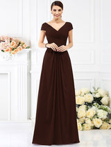 V-Neck Elegant Pleats Short Sleeves Long Chiffon Bridesmaid Dresses-Ballbella