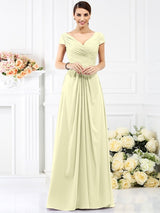 V-Neck Elegant Pleats Short Sleeves Long Chiffon Bridesmaid Dresses-Ballbella