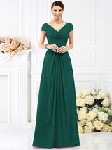 V-Neck Elegant Pleats Short Sleeves Long Chiffon Bridesmaid Dresses-Ballbella