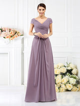 V-Neck Elegant Pleats Short Sleeves Long Chiffon Bridesmaid Dresses-Ballbella