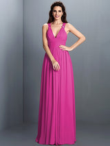V-Neck Elegant Pleats Sleeveless Long Chiffon Bridesmaid Dresses-Ballbella