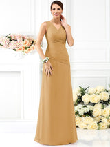 V-Neck Elegant Pleats Sleeveless Long Chiffon Bridesmaid Dresses-Ballbella
