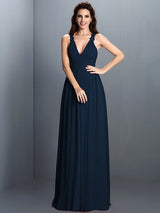 V-Neck Elegant Pleats Sleeveless Long Chiffon Bridesmaid Dresses-Ballbella