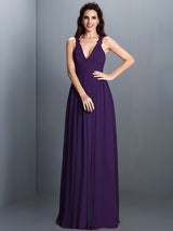 V-Neck Elegant Pleats Sleeveless Long Chiffon Bridesmaid Dresses-Ballbella