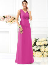 V-Neck Elegant Pleats Sleeveless Long Chiffon Bridesmaid Dresses-Ballbella