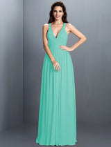 V-Neck Elegant Pleats Sleeveless Long Chiffon Bridesmaid Dresses-Ballbella