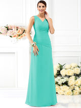 V-Neck Elegant Pleats Sleeveless Long Chiffon Bridesmaid Dresses-Ballbella