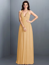 V-Neck Elegant Pleats Sleeveless Long Chiffon Bridesmaid Dresses-Ballbella