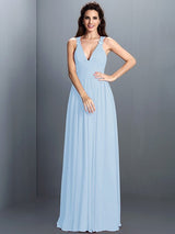 V-Neck Elegant Pleats Sleeveless Long Chiffon Bridesmaid Dresses-Ballbella