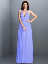 V-Neck Elegant Pleats Sleeveless Long Chiffon Bridesmaid Dresses-Ballbella