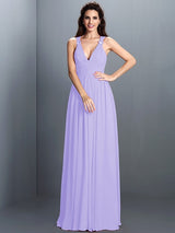 V-Neck Elegant Pleats Sleeveless Long Chiffon Bridesmaid Dresses-Ballbella