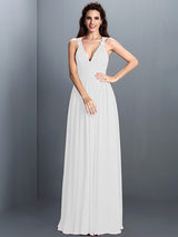 V-Neck Elegant Pleats Sleeveless Long Chiffon Bridesmaid Dresses-Ballbella