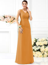 V-Neck Elegant Pleats Sleeveless Long Chiffon Bridesmaid Dresses-Ballbella