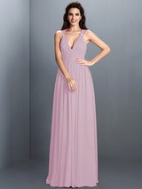 V-Neck Elegant Pleats Sleeveless Long Chiffon Bridesmaid Dresses-Ballbella