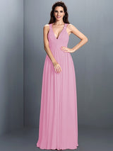V-Neck Elegant Pleats Sleeveless Long Chiffon Bridesmaid Dresses-Ballbella
