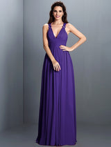 V-Neck Elegant Pleats Sleeveless Long Chiffon Bridesmaid Dresses-Ballbella