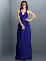 V-Neck Elegant Pleats Sleeveless Long Chiffon Bridesmaid Dresses-Ballbella