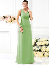 V-Neck Elegant Pleats Sleeveless Long Chiffon Bridesmaid Dresses-Ballbella