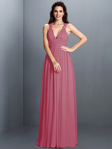 V-Neck Elegant Pleats Sleeveless Long Chiffon Bridesmaid Dresses-Ballbella