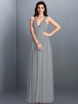 V-Neck Elegant Pleats Sleeveless Long Chiffon Bridesmaid Dresses-Ballbella