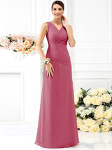 V-Neck Elegant Pleats Sleeveless Long Chiffon Bridesmaid Dresses-Ballbella