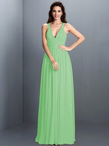 V-Neck Elegant Pleats Sleeveless Long Chiffon Bridesmaid Dresses-Ballbella