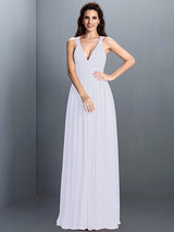 V-Neck Elegant Pleats Sleeveless Long Chiffon Bridesmaid Dresses-Ballbella