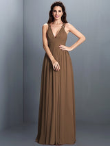 V-Neck Elegant Pleats Sleeveless Long Chiffon Bridesmaid Dresses-Ballbella