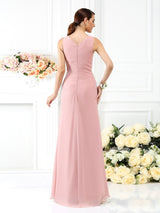 V-Neck Elegant Pleats Sleeveless Long Chiffon Bridesmaid Dresses-Ballbella