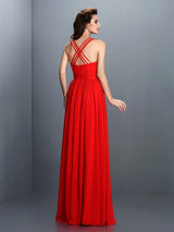 V-Neck Elegant Pleats Sleeveless Long Chiffon Bridesmaid Dresses-Ballbella