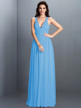 V-Neck Elegant Pleats Sleeveless Long Chiffon Bridesmaid Dresses-Ballbella