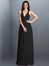 V-Neck Elegant Pleats Sleeveless Long Chiffon Bridesmaid Dresses-Ballbella