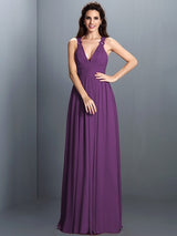 V-Neck Elegant Pleats Sleeveless Long Chiffon Bridesmaid Dresses-Ballbella