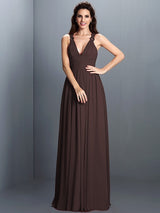 V-Neck Elegant Pleats Sleeveless Long Chiffon Bridesmaid Dresses-Ballbella