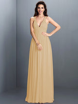 V-Neck Elegant Pleats Sleeveless Long Chiffon Bridesmaid Dresses-Ballbella