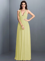 V-Neck Elegant Pleats Sleeveless Long Chiffon Bridesmaid Dresses-Ballbella